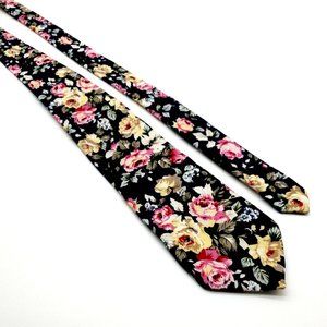 Mens Floral Rose Necktie Dress Accessory Hand Made Cotton Skinny Dad Gardener